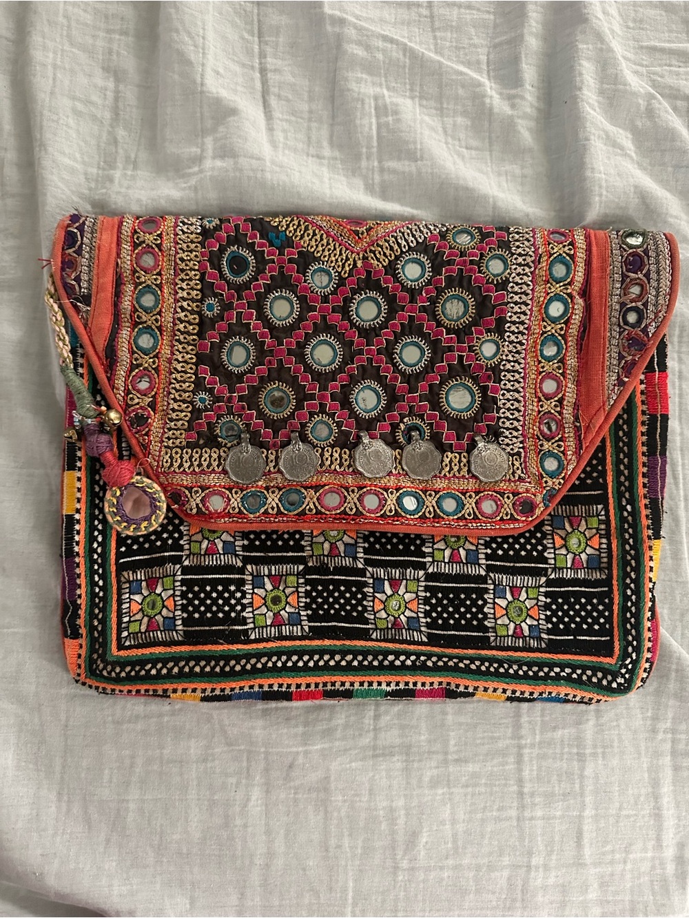 Embroidered Boho Gypsy Banjara Clutch with Coin Details - Multicolor
